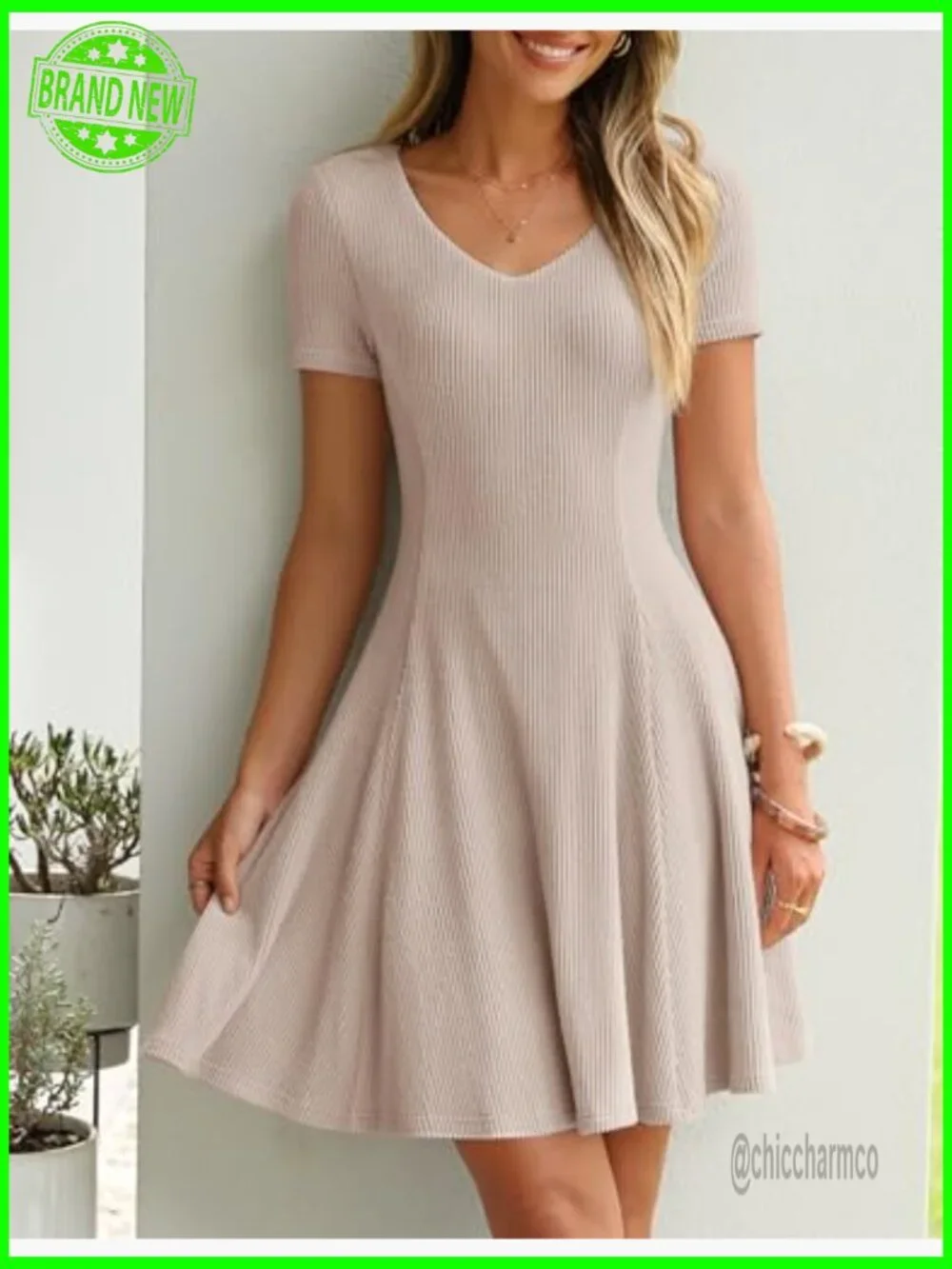 V-Neck Ribbed Knit Mini Dress Short Sleeve A-Line Casual Work Summer - Picture 3 of 7